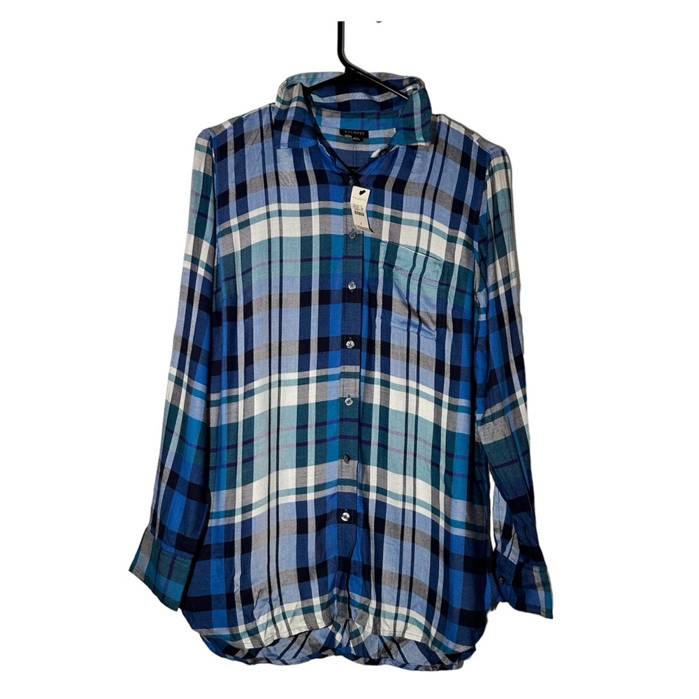 NWT Talbots Shirt Women’s Button Back Kasey Plaid Blue White Top Size Small